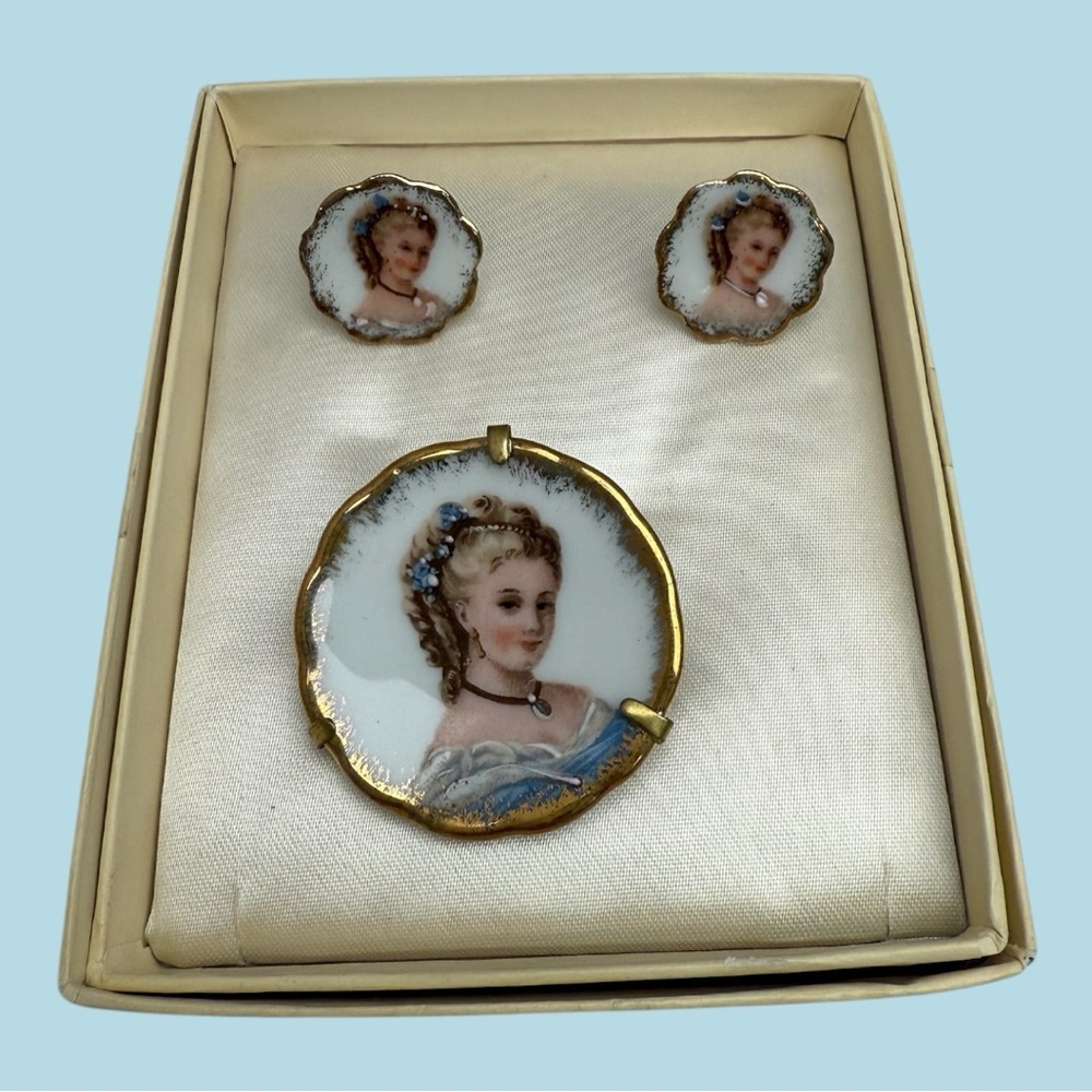 Vintage Limoges Porcelain Hand Painted Brooch and Screwback Earrings Set 1940s